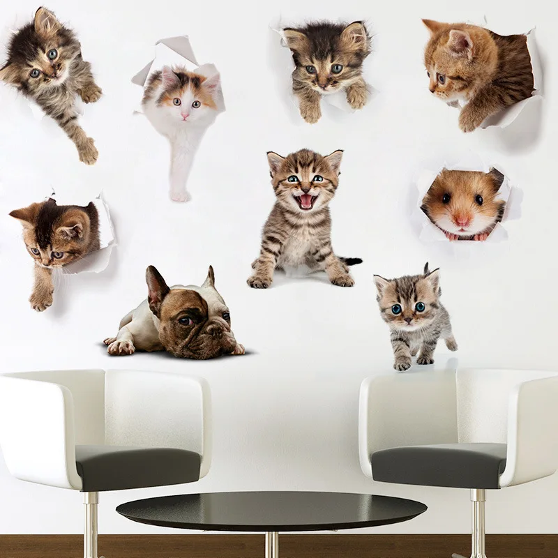 1 ADET 3D Kedi Köpek Duvar Sticker Hayvan Pvc Su Geçirmez Tuvalet Çıkartmaları Banyo Yatak Odası Mutfak Ev sanat posterleri Çıkartmaları Dekorasyon