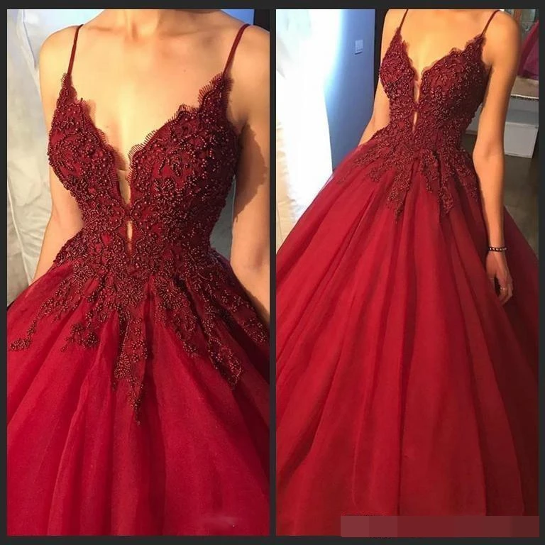 2018 Quinceanera elbise Balo 2019 Koyu Kırmızı Spagetti Sapanlar Dantel Aplikler Boncuk Puf Keyhole Tül Parti Balo elbise