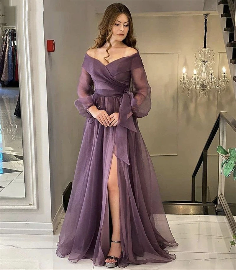 A-Line balo kıyafetleri Uzun Kollu Yan Yarık Tül balo kıyafetleri Fermuarlı vestidos de fiesta de noche вечернее платье 2021