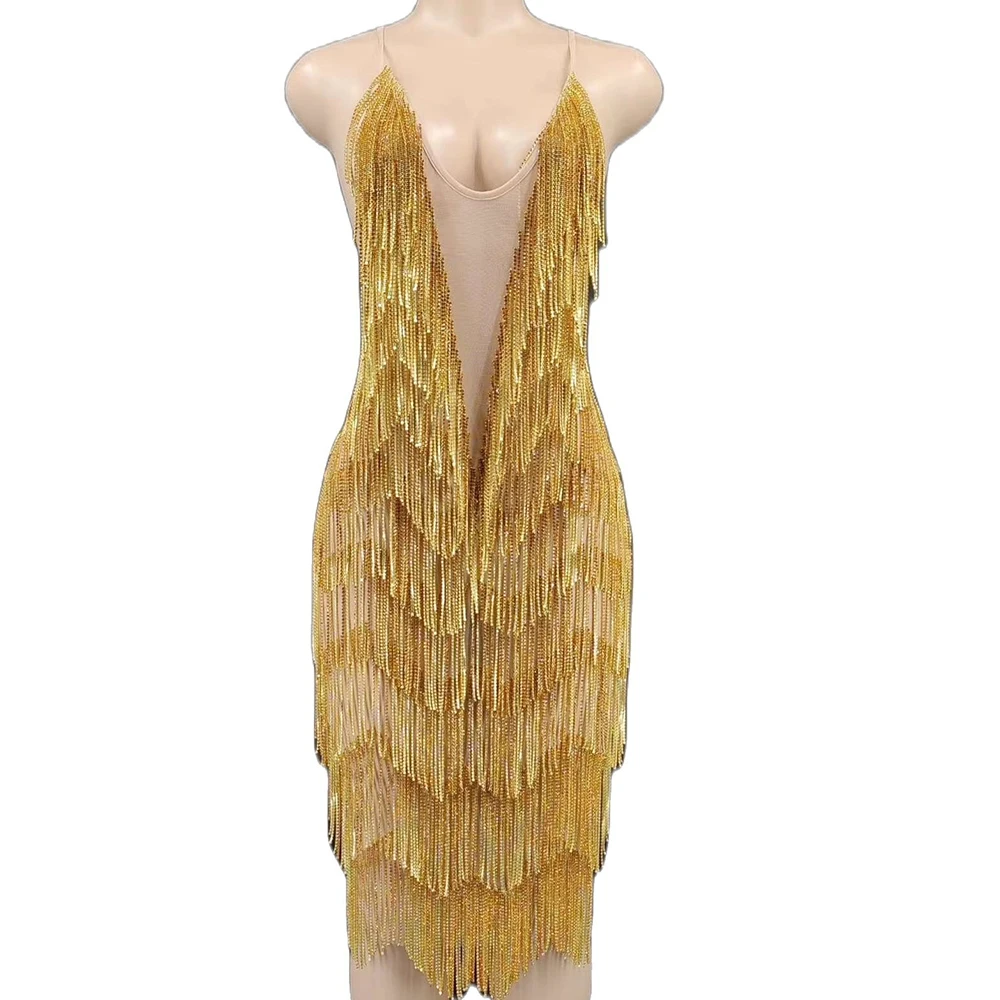 Altın Elmas Zincir Kolsuz Elbise Süslenmiş Boncuklu Kostüm Backless Performans Parti Elbise Kadınlar İçin Sahne Giyim Bayan