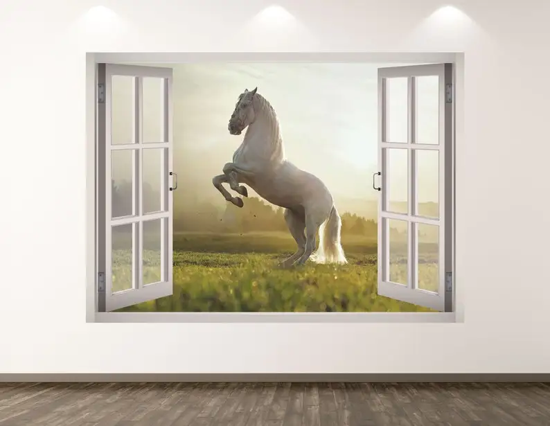 Beyaz At Duvar Çıkartması-Hayvan 3D Pencere duvar sanatı yapışkanı Çocuk Dekor Vinil Ev Posteri Özel Hediye KD285