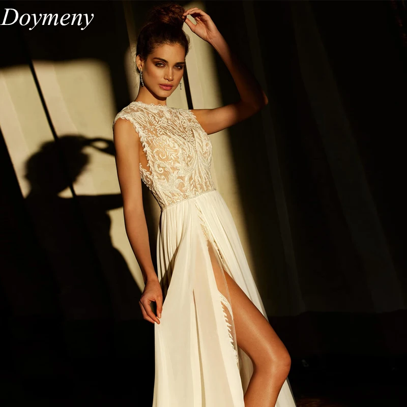 Doymeny Gelin düğün elbisesi O-Boyun Sweep Tren Bölünmüş Kap Kollu Fermuar Tül Aplikler Illusion Klasik Robe De Mariée 2023