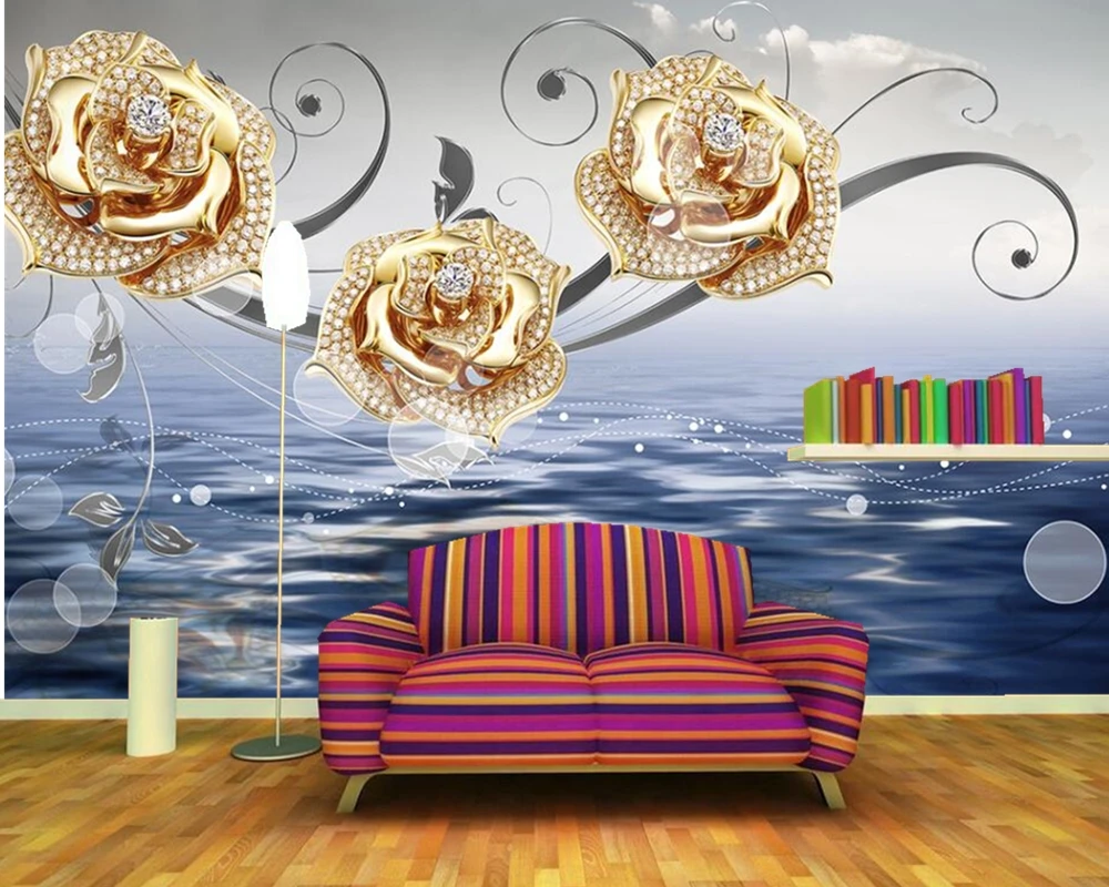 Fantezi Altın Elmas Takı Çiçek 3d duvar kağıdı papel de parede, oturma odası kanepe tv duvar yatak odası duvar kağıtları ev dekor