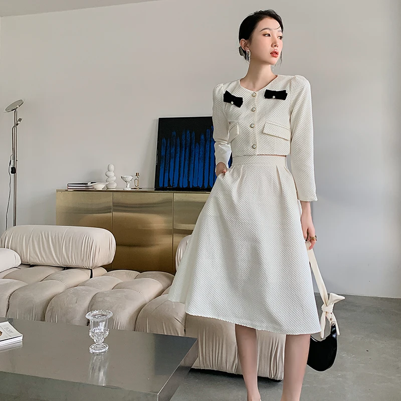 Fransız Mizaç Yay Takım Elbise Kısa Ceket + Yüksek Bel Etek İki parçalı Set Takım Elbise Survetement Femme 2 Parça yaşındaki Kadın Kostüm