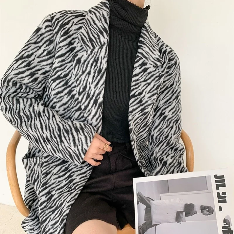 Kadın Pist Zebra Çizgili Blazer Ceket Tek Göğüslü Ofis Bayanlar Rahat Ceket Erkek Arkadaşı Tarzı Gevşek Fit Blazers Suit Tops 0