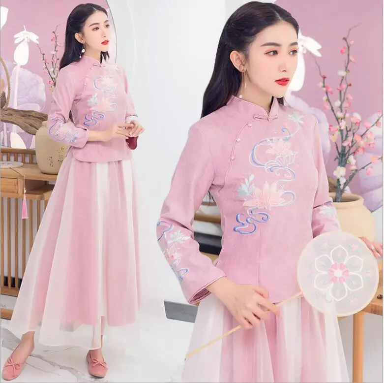 Klasik halk Kış kız cheongsam Çin vintage geleneksel tarzı boudoir tang maxi çay sanat takım elbise ceket + etek 0
