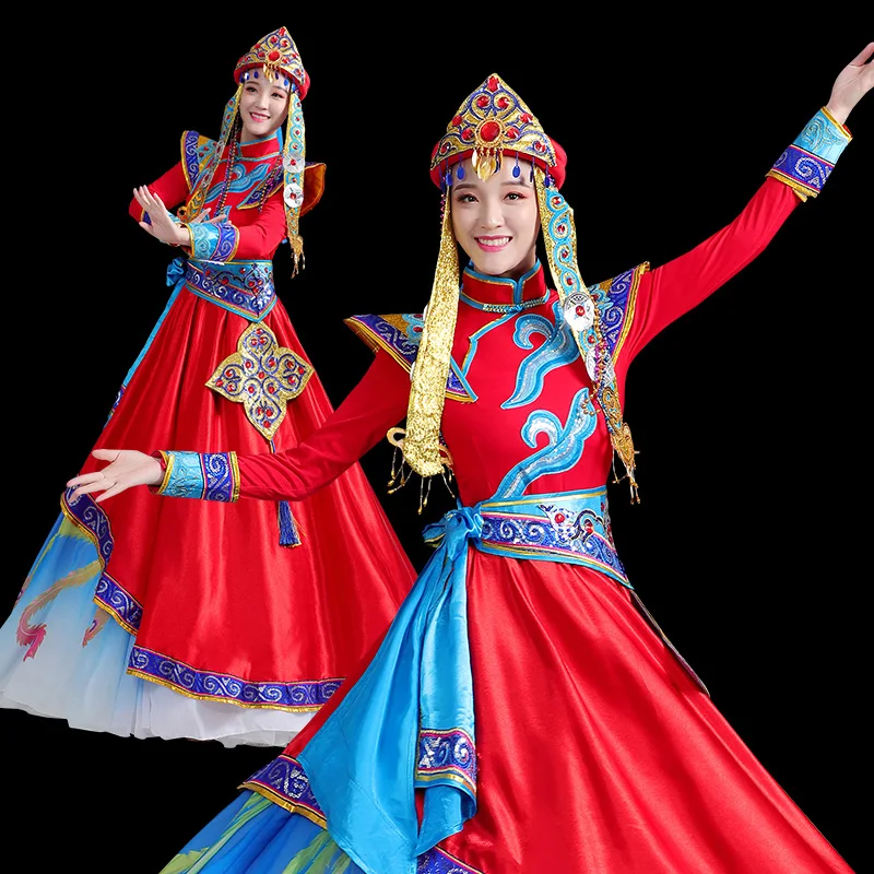 Klasik uzun Moğol Dans giyim etnik azınlık elbise Çin performans Halk Dans giyim Şarkıcılar için Sahne Kostümleri
