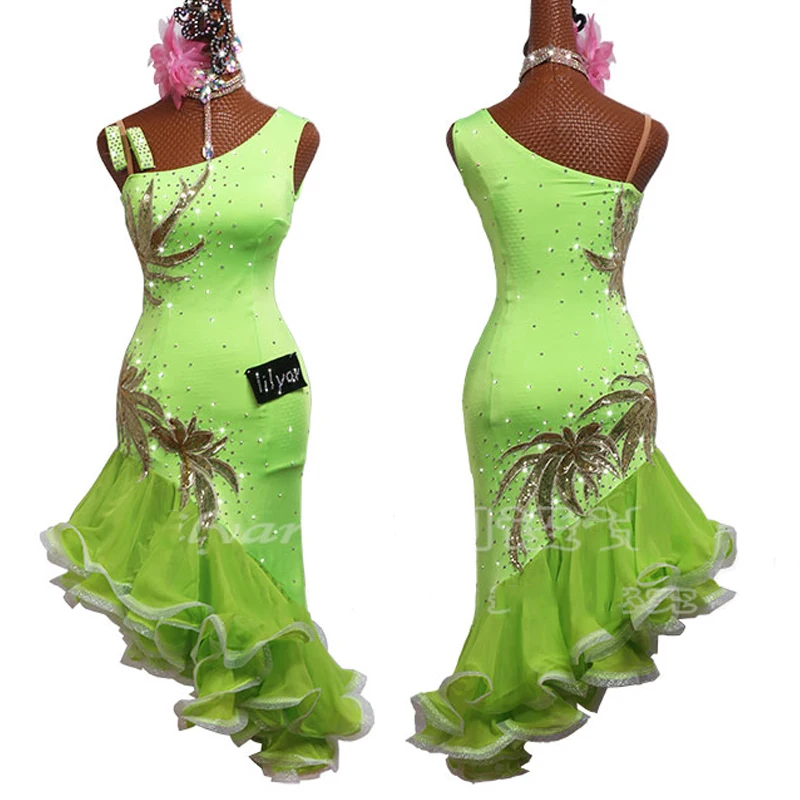 Latin Dans Yarışması Elbise Yetişkin Özelleştirmek Çocuk Kostümleri Işlemeli Floresan Yeşil Kılçık Etek Latin Elbise BL3125