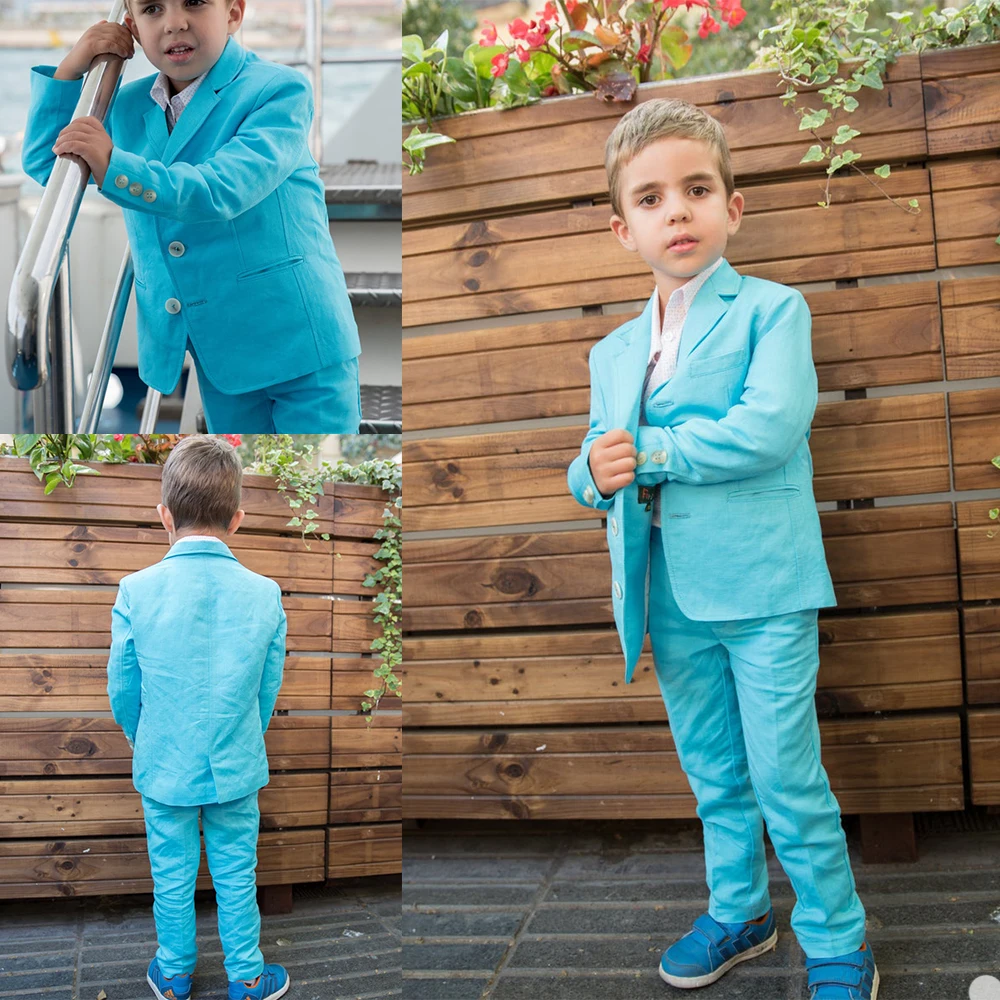 Mavi Keten 2020 Yakışıklı Erkek resmi giysi Ceket Pantolon 2 Parça Set Takım Elbise Düğün Yemeği için Çocuk Çocuklar Smokin 0