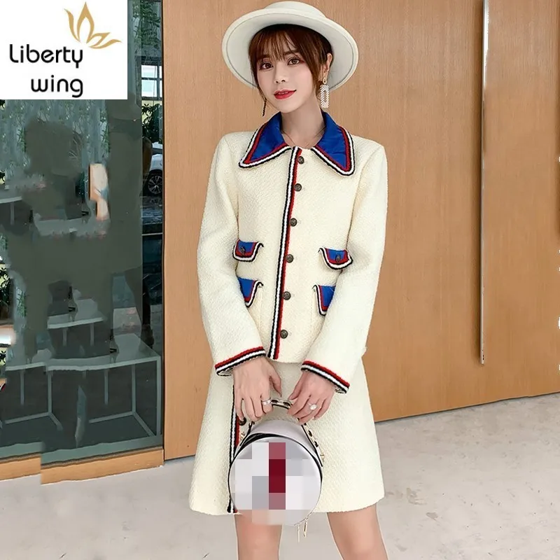 OL Tarzı Kadın Tüvit Kısa Palto İki Parçalı Set Streetwear Sonbahar Kış Zarif Uzun Kollu İnce Ceket Mini Etek Takım Elbise