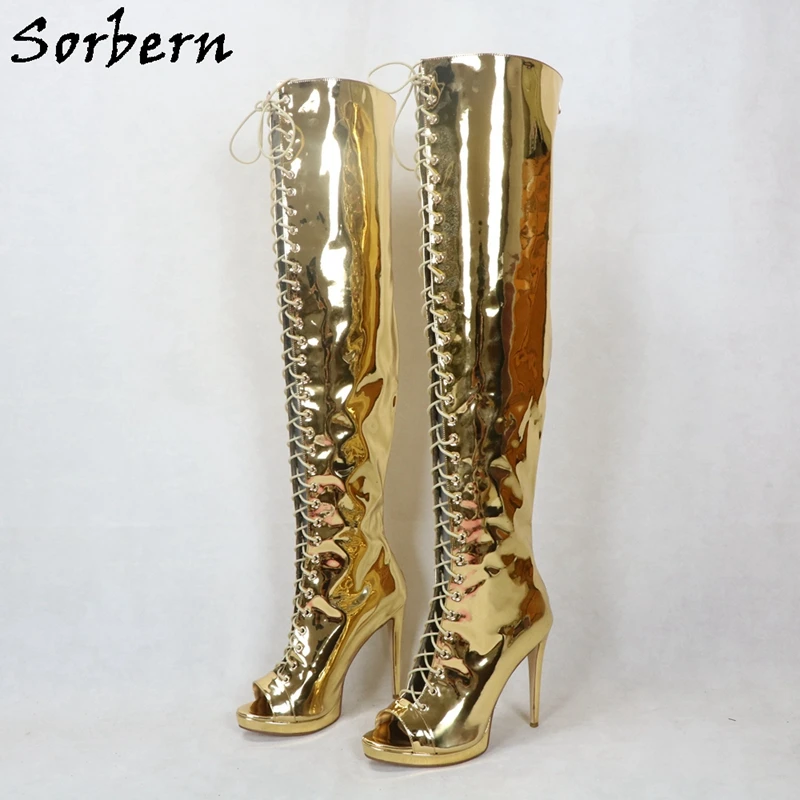 Sorbern Metalik Altın Diz Üzerinde Çizmeler Kadın Burnu açık Yüksek Topuk Stilettos Uzun Bahar Çizme Lace Up Fetiş Platformu Topuk