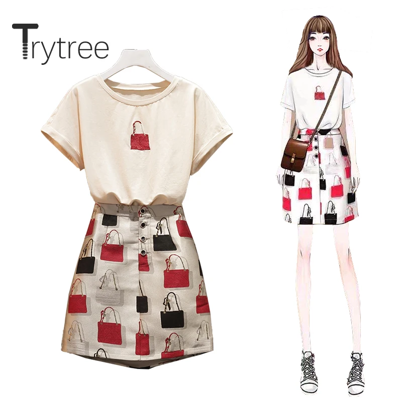 Trytree 2020 Yaz Kadın iki parçalı set O-Boyun Bej Gevşek Baskı T-shirt + Etek Düğmesi Mini Moda Zarif 2 parça Set