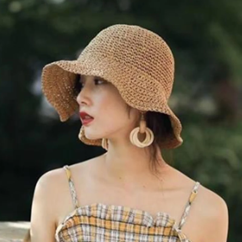 Yay güneş şapkası Geniş Brim Disket yazlık şapkalar Kadınlar için Plaj Panama Hasır Kubbe Kova Şapka Femme Gölge Şapka Şapka Kadınlar için