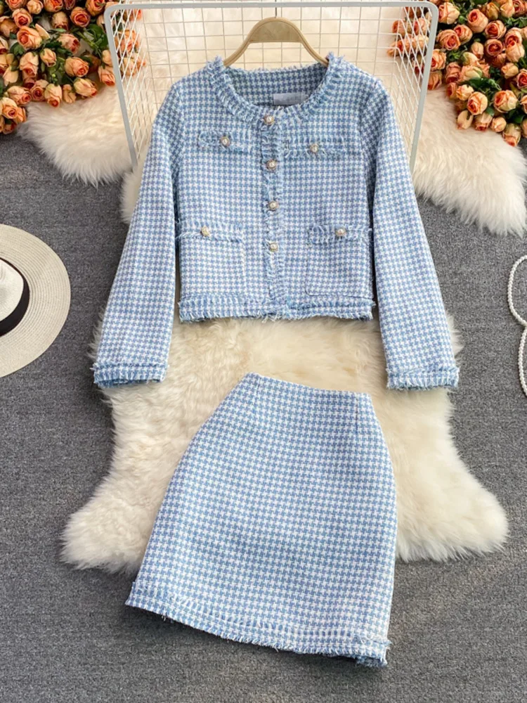 Yüksek Kaliteli Sonbahar Kış Tüvit İki Parçalı Set Kadın Kırpma Üst Ceket Ceket + Mini Etek Setleri Kadın Küçük Koku 2 Parça Takım Elbise 0