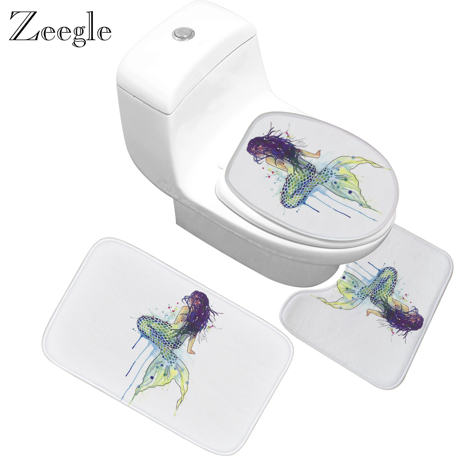 Zeegle Mermaid Baskılı Banyo Halı Seti 3 adet / takım Banyo Halı Seti Dekor Tuvalet Koltuk depo kapağı Halı