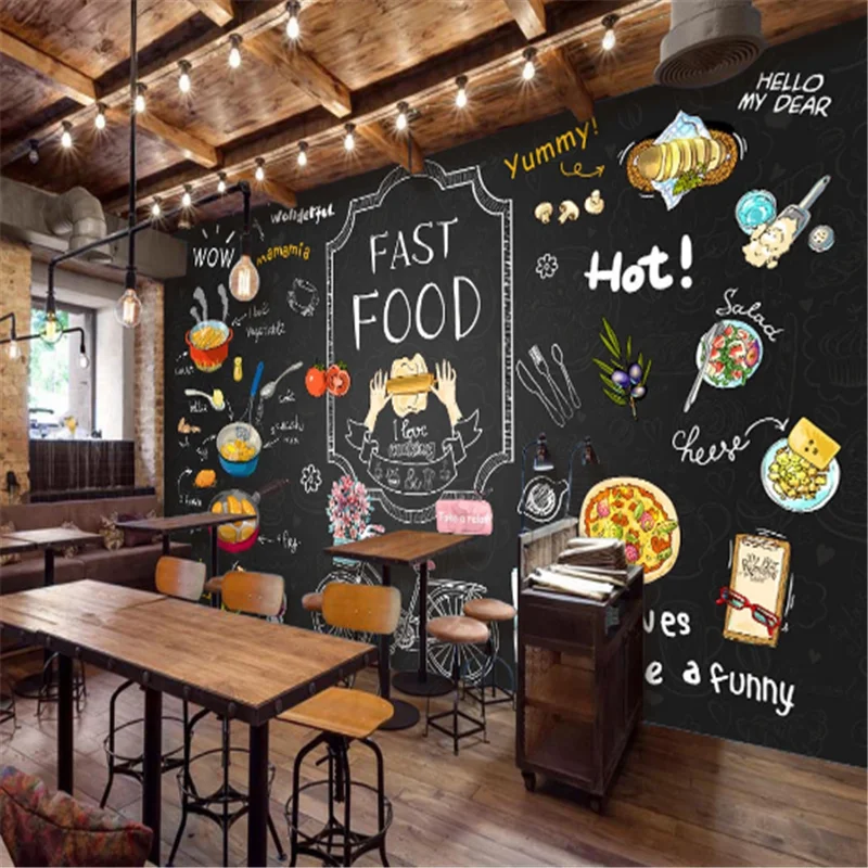 Özel Tavuk Pizza Restoran siyah Arka Plan duvar resmi Duvar Kağıdı 3D Snack Bar Burger Batı Fast Food duvar kağıdı 3D