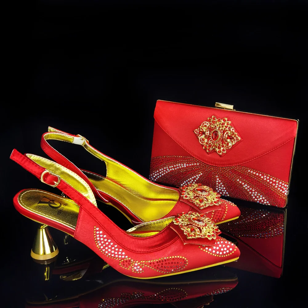 Özel Yaz Tasarım Koyu Kırmızı Renk Eşleştirme Ayakkabı ve Çanta Afrika Shinning Kristal Sandalet ile Kadınlar İçin Düğün