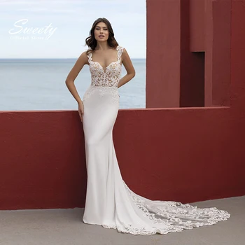 Sadelik düğün elbisesi Zarif Organze Saten Mermaid Sweetheart V Yaka Kolsuz gelinlikler Düğme Estido De Novia