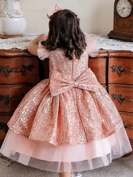 Çiçek Kız Elbise Kabarık Prenses Elbise Bebek Kız Doğum Günü Elbise Tül Sequins Çocuklar İlk Communion Elbise Yay ile