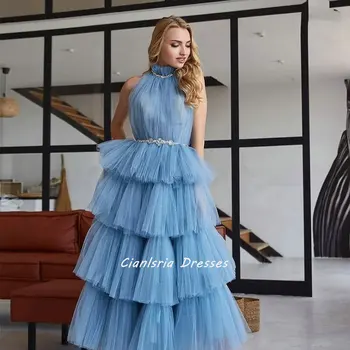 Büyüleyici Halter Aç Geri Ayak Bileği Uzunlukta Homecoming Elbise Kristal Sashes Kolsuz Katmanlı Etek Kokteyl Parti Balo elbisesi