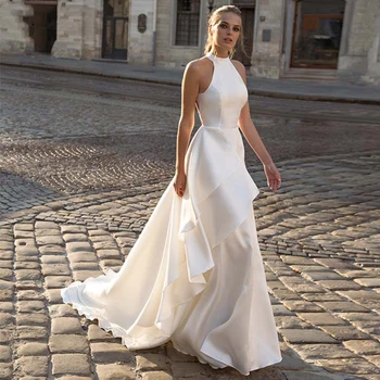 TİXLEAR Basit Halter Saten Plaj düğün elbisesi 2022 A-Line Ülke Boho Gelin kıyafeti Robe De Marie Beyaz Fildişi Custom Made Ucuz