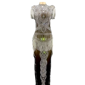 Siyah Shining Kristal Sparkly Rhinestones Seksi Püskül Uzun Elbise Kadınlar İçin Akşam Balo Giyim Sahne Şarkıcı Kostümleri