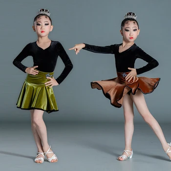 Profesyonel Çocuk Latin Dans Uygulama Giyim Kız Latin Dans Kadife Üstleri Etek Bölünmüş Set Latin Dans Kostümleri DN10005 0