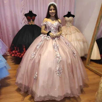 Parlak Kristal Tül Sevgiliye Balo Quinceanera Elbise El Yapımı Çiçek Aplikler Tatlı 16 Balo Parti Kıyafeti Vestidos De 15 0