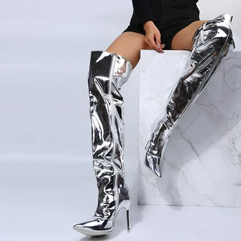 Kadın Botları Ayna Platformu Sivri Burun Punk Yüksek İnce Topuklu Diz Üzerinde Uzun Çizmeler Sonbahar Kış Zip Gümüş parti ayakkabıları 0