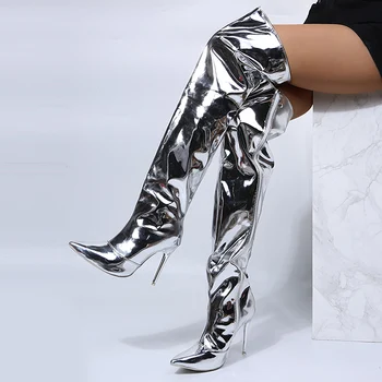 Kadın Botları Ayna Platformu Sivri Burun Punk Yüksek İnce Topuklu Diz Üzerinde Uzun Çizmeler Sonbahar Kış Zip Gümüş parti ayakkabıları 1