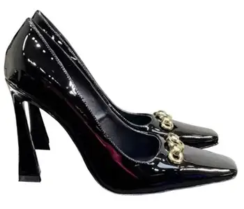 Carpaton 2023 Patent Deri Yüksek Topuk Ayakkabı Kadın Kare Ayak Siyah Deri Ofis Bayan Pompaları Metal Toka Süslemeleri Topuklu 3