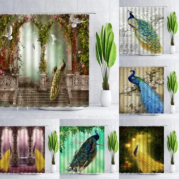 Tavus kuşu Duş Perdeleri Fantezi Çin Kuşlar Güvercin Tüyü Banyo Perdesi Vintage Çiçekler Polyester Kumaş Banyo Ekran Ev