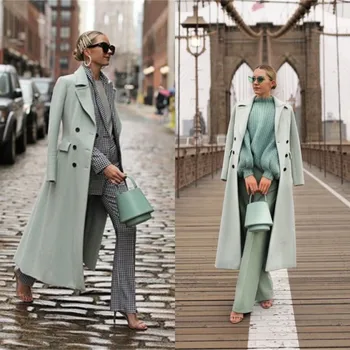 Açık Yeşil Kadın Palto Yün 1 Parça Kruvaze Blazer Kış Sıcak Kalın Uzun Ceket Tasarımcı Resmi Ofis kadın giysisi