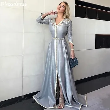 Yeni Müslüman Stil Abiye Gümüş A-line Saten Uzun Kollu Aplike Basit Bölünmüş V Yaka A-line Balo Elbise вечернее платье