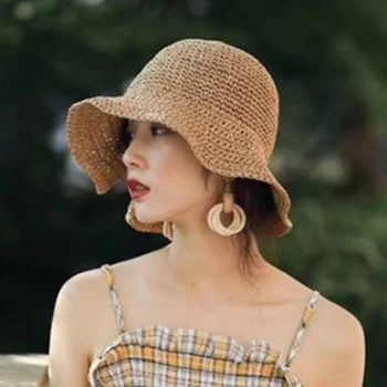 Yay güneş şapkası Geniş Brim Disket yazlık şapkalar Kadınlar için Plaj Panama Hasır Kubbe Kova Şapka Femme Gölge Şapka Şapka Kadınlar için