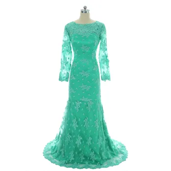 Hunter Yeşil Mermaid Uzun balo kıyafetleri Illusion Uzun Kollu Tam Dantel Durum gece elbisesi elbiseler de soirée