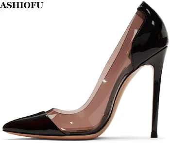 ASHIOFU Yeni Sıcak Satış El Yapımı Bayanlar 12 cm Yüksek Topuk Pompaları PVC Patent Deri Parti Elbise Ayakkabı Slip-on Akşam Kulübü Ayakkabı