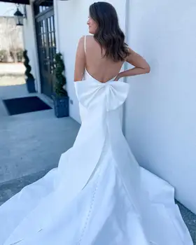 Saten Gelin düğün elbisesi 2023 Büyük Yay ile Geri Mermaid vestidos de novia Chape Tren robe de mariee Spagetti Backless