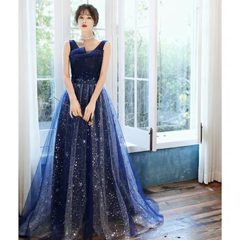 Akşam Elbise Kadınlar İçin Yıldızlı Gökyüzü Nakış 2022 Yeni Stil Küçük İz Uzun Parti Elbise Zarif