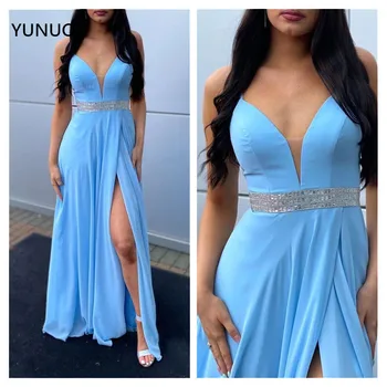 YUNUO A-line Yan Yarık vestidos de fiesta Abiye giyim Kristaller Şifon V Boyun Balo Resmi Elbiseler robe de soiree Uzun
