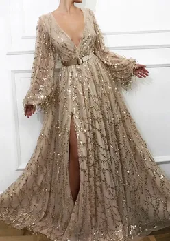Seksi Şampanya Sequins Dantel Abiye 2022 Dubai Suudi Arabistan Yarık Balo Abiye Uzun Kollu Örgün Parti Elbise Kemer İle
