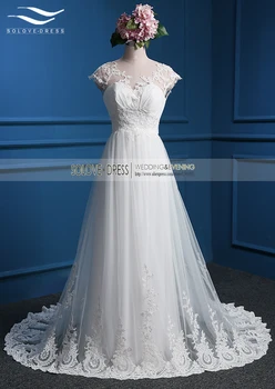 V Yaka Kısa Kollu Dantel UP Yay düğün elbisesi Aplikler Yay Balo Elbise A-line Şapel Tren Balo Elbise (sl-w870 )