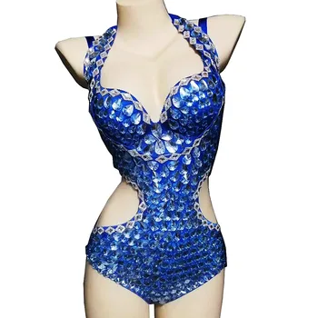 Köpüklü Rhinestones Mavi Boyun Monte Bodysuits Hollow Out Parti Bodysuit Kadın Şarkıcı Kostüm Romper Dans Giyim