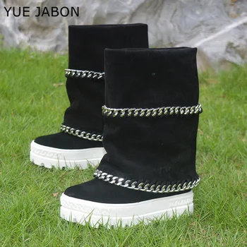 Yeni Kadın Siyah Bej Zincirler Orta buzağı Çizmeler 10 cm Gizli Kama Kalın Taban rahat ayakkabılar Platformu Üzerinde Kayma Kat Kısa Çizmeler Ayakkabı
