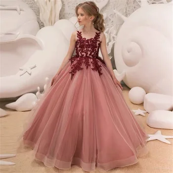 Çiçek Kız Elbise Düğün İçin Kolsuz Balo Tül Aplikler Boncuklu İlk Komünyon Elbiseler Küçük Kız İçin