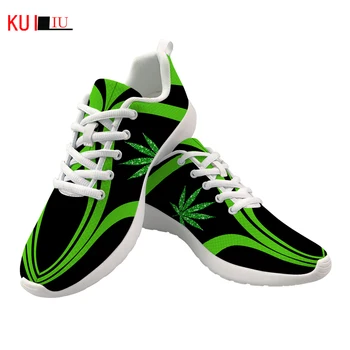 KUILIU rahat ayakkabılar Kadınlar için 3D Yeşil Ot Yaprakları Baskılı Marka Tasarım Nefes Sneakers Lace Up Flats Ayakkabı Zapatos Mujer 0