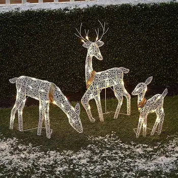 3 adet Demir Sanat Elk Geyik Noel bahçe dekorasyonu İle led ışık Parlayan Glitter Ren Geyiği Noel Ev Açık Yard Süs Dekor 0