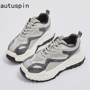 Autuspin gündelik ayakkabı Kadın 2023 Bahar Hakiki Süet Deri Yuvarlak Ayak Bayan Ayakkabıları Nefes Örgü Eğlence Koşu Spor Ayakkabı