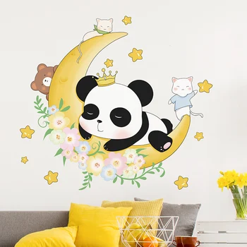 Karikatür Panda duvar çıkartmaları Uyku Ay Çocuk Odası Kreş Dekorasyon Estetik Odası Dekor Hayvan Duvar Kağıdı Sanat Duvar Çıkartması