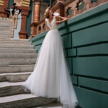 SoDigne Bir Çizgi düğün elbisesi V Boyun Askısı Dantel gelinlik 2022 Düğmeler Prenses Uzun Boho Kat Uzunluk gelinlik